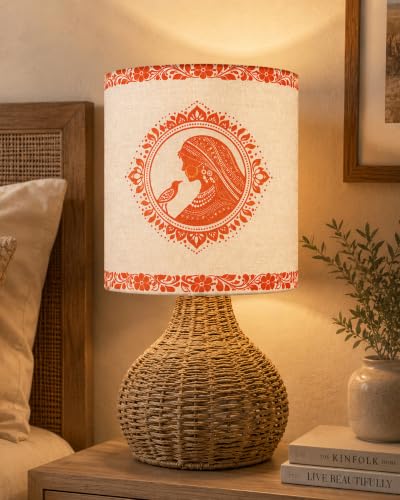 Image of Homesake Handwoven Rattan Table Lamp with Aipan Art Printed Fabric Shade, Decorative Raffia Spinning Bedside Lamp, Boho Table Lamp with E27 Holder, Study, Living Room & Bedroom Decor