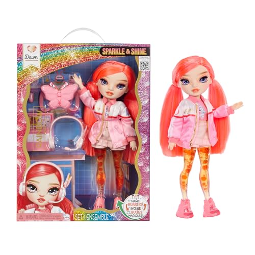 RAINBOW HIGH Sparkle & Shine Doll Dawn Boneca da moda de 28 cm com cabelo vermelho coral e bolhas mágicas nas pernas, cor, estilo, jogo, colecionável, para crianças dos 4 aos 12 anos ou mais