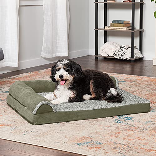 Image of Furhaven Orthopedic Dog Bed for Large /Medium Dogs w / Removable Bolsters & Washable Cover, For Dogs Up to 55 lbs - Two-Tone Plush Faux Fur & Suede L Shaped Chaise - Dark Sage, Large