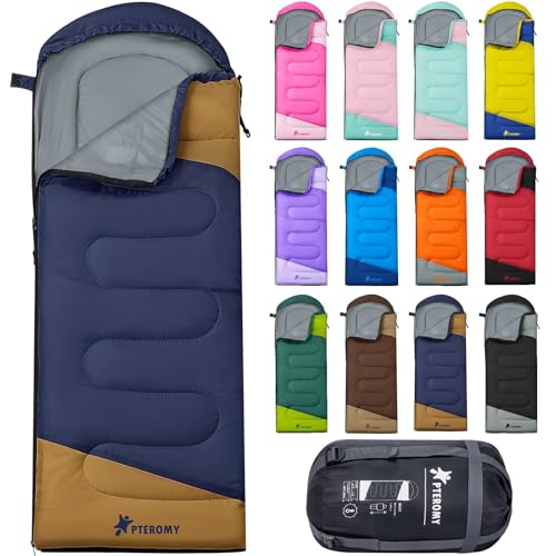 PTEROMY Sleeping Bags for Adults, Lightweight and Machine Washable, Water Resistant Backpacking Camping Sleeping Bag for Warm Cold Weather, Camping Essentials for Hiking Travel (Navy, 1.35kg)