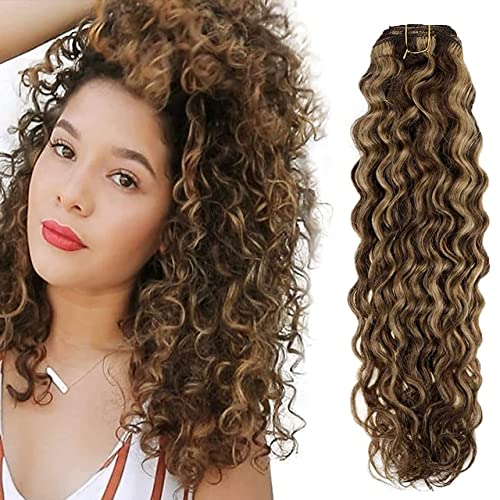 Hetto Curly Hair Extensions Clip in Wavy Human Hair Brown Mix Blonde Curly Clip on Real Hair Pieces 14 Inch 100g Clip in Extensions Wavy Hair Water Wave 7Pcs
