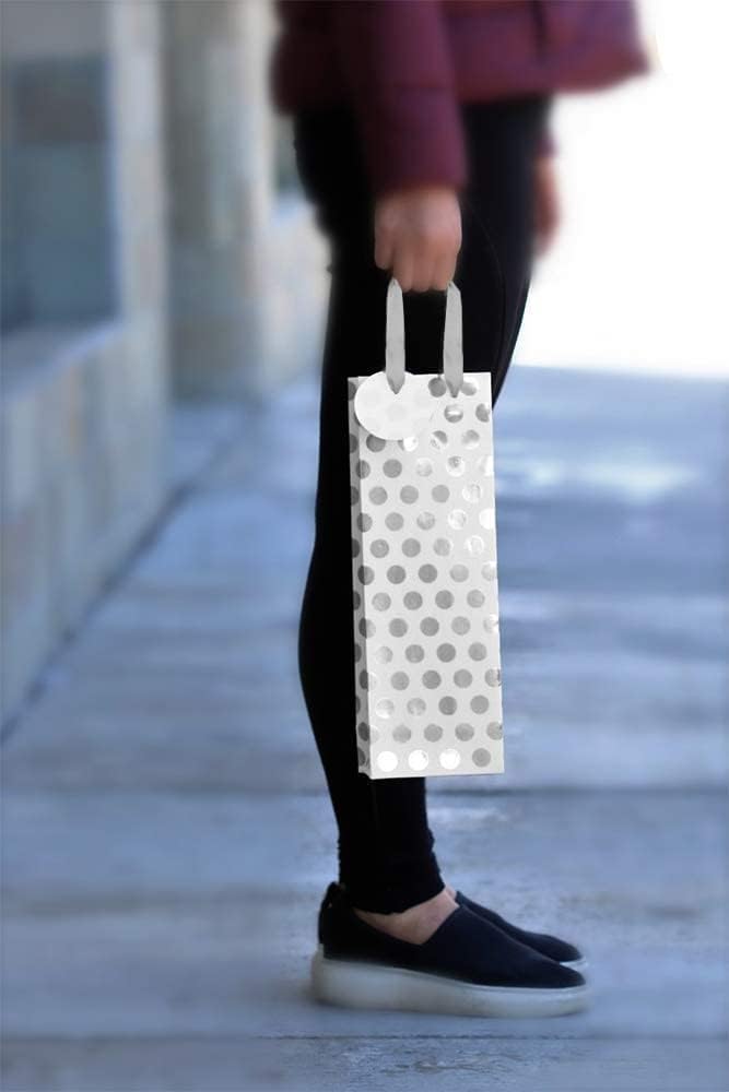 UNIQOOO 12Pcs Premium Quality Gold & Silver Metallic Foil Polka Dots Wine Gift Bag Bulk, w/Gift Massage Tag,100% Recyclable Paper,14"x4.75"x3.5" Wine Carrier Bags Tote Gift Bags, Party Gift Wrapping - Image 7