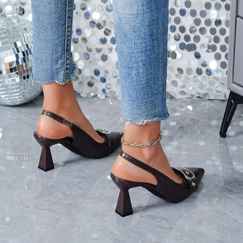 Image of Slingback Kitten Heels for Women Closed Pointed Toe Pumps Dress Shoes with Buckle Strap Comfortable Slip On Sandal Heels for Work Party Wedding