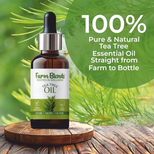 Image of Farm Blends Tea Tree Essential Oil 100% Undiluted Pure | Anti Dandruff, Anti Acne, Beard Care, Anti-Blemish, Boosts Energy, Diffuser| Farm To Home | Natural Australian | Melaleuca alternifolia|10ML + 10ML (Pack of 2)