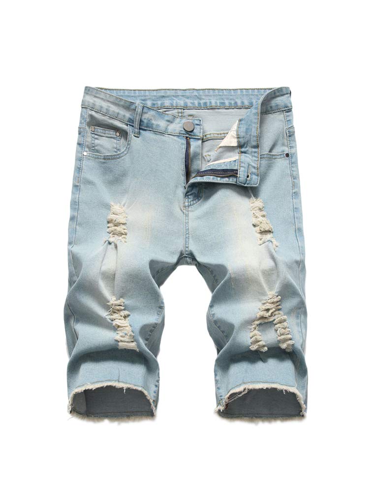 PASOK Men's Casual Denim Shorts Distressed Stretchy Jeans Shorts Ripped Short Pants
