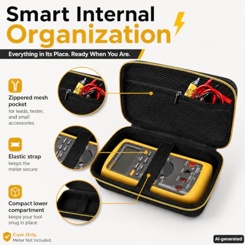 Image of Comecase Hard Case for Fluke 87V /88V /15B+ /17B+ and More Digital Multimeter | Hard Shell with Mesh Pocket & Elastic Strap, Stores Meter and Leads for Jobsite, Workshop and Travel, Black, Case Only