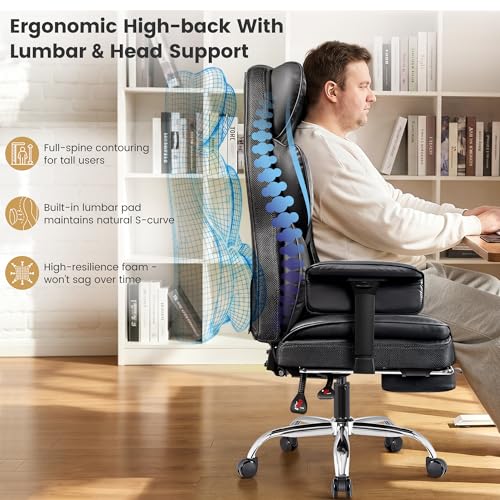 Image of Big & Tall Office Chair, Ergonomic High Back with Footrest Black | 400 LBS Heavy Duty Steel Frame for Plus-Size Users, 23.6 inch Wide Cushioned Seat, 165 Recline, Ajustable Arms, Lumbar Support