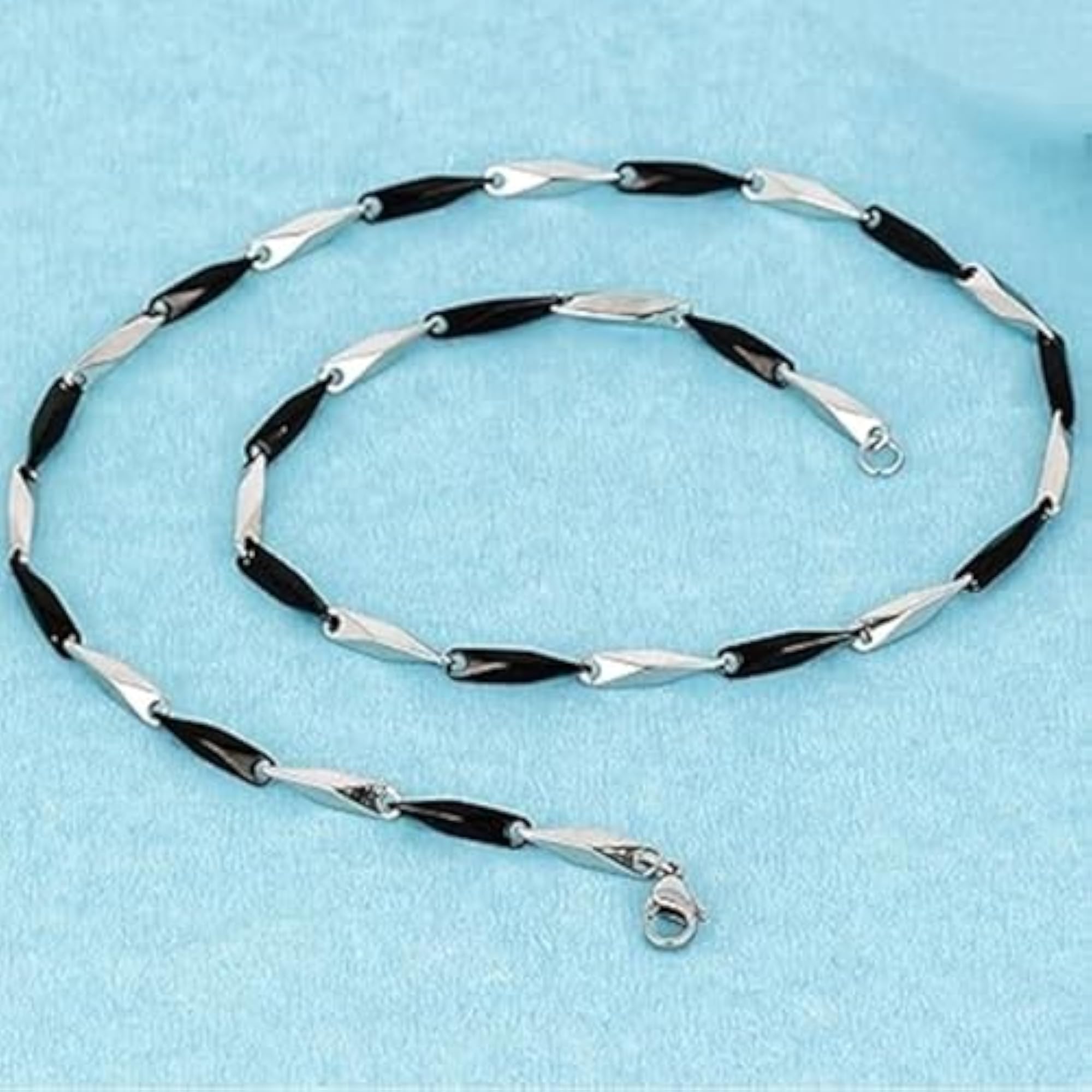 Unisex Silver Black Double Tone Rice Chain Necklace, 22 Inch