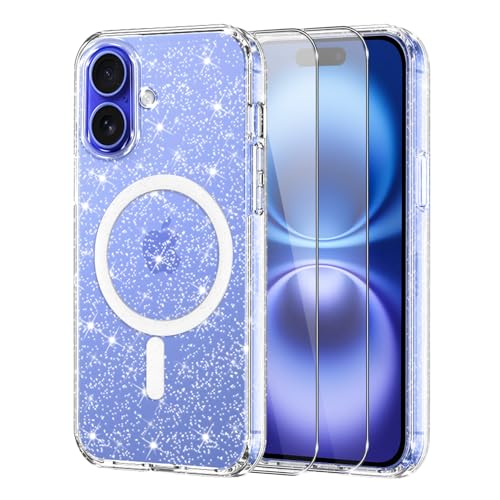 Knrlqim Magnetica Cover per iPhone 16 Brillantini, [Compatibile con MagSafe], Glitter Trasparente Custodia Case con 2x Vetro Temperato Protettivo, Bumper Antiurto per iPhone 16 in Silicone TPU