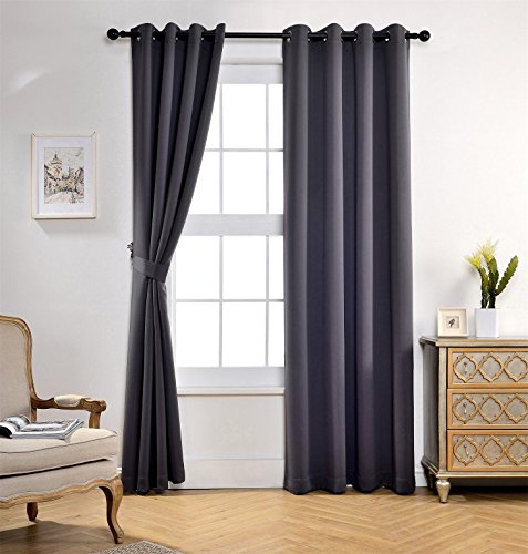 Miuco 1 Pair Thermal Insulated Grommet 52-Inch-By-84-Inch Blackout Window Curtain Panels With 2 Tie Backs, Dark Grey #TOP1