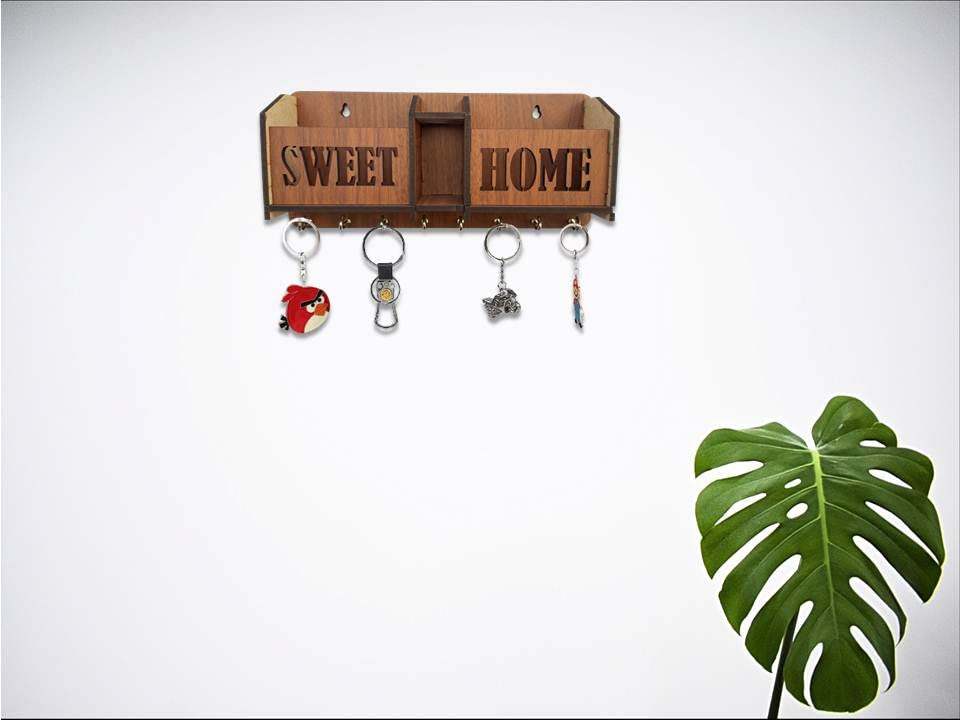 Image of Sweet Home Key Holder for Home Wall Stylish | Wooden Key Stand for Wall | MDF Key Hanger | Two Box to Charge Mobile | Pen and Keys Holder Stand for Office, Hall Living | Matte Finish