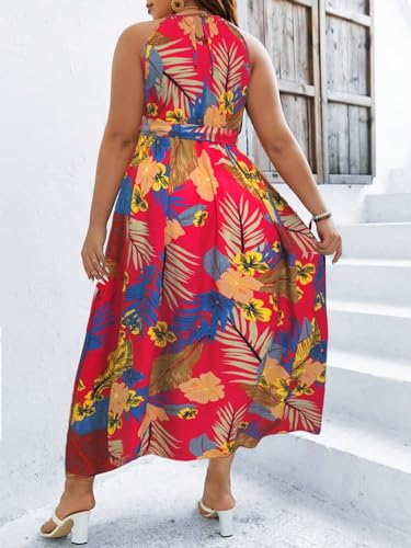 Image of Floerns Women's Plus Size Boho Sleeveless Halter Neck Tie Back A Line Long Dress