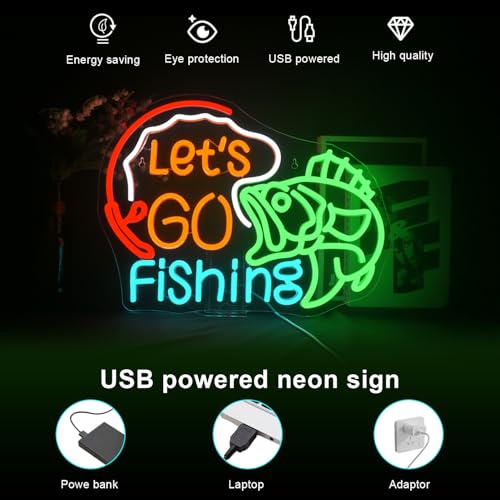 Image of Lucunstar Let's Go Fishing Neon Sign Dimmable Fish Neon Light for Wall Decor LED USB Powered Fishing Hook Lights for Bedroom Living Room Man Cave Yacht Decor Men Gifts