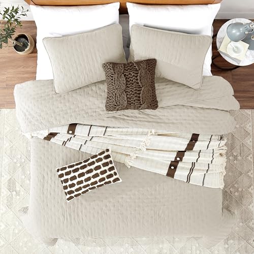 ROARINGWILD Beige Queen Size Quilt Bedding Set with 2 Pillow Shams, Full Lightweight Soft Microfiber Bedspread Coverlet, Thin Comforter Bed Cover for All Season, 3 Pieces, 90x90 inches