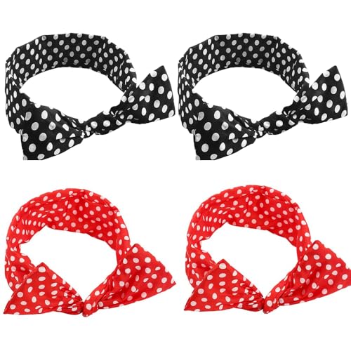 AHONEY 4 Pack Red Black Bow Headband for Women, Polka Dot Wire Headband, Retro Bandana 50s Outfits Hairband Vintage Christmas Hair Accessories (Black&Red