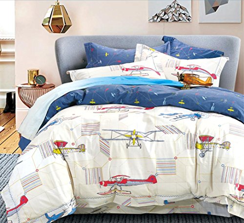 Eikei Vintage Airplanes Boys Bedding 3pc Duvet Cover Set 100% Cotton Grey Blue Red Gray Helicopter Flying Plane World Travel Decor Bedroom (Twin)