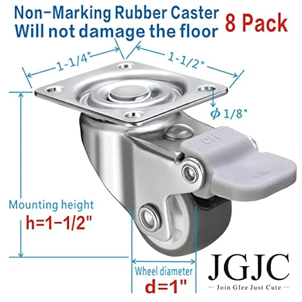 Paquete de 8 ruedas giratorias de 2,5 cm de bajo perfil de goma suave, ruedas pequeñas y silenciosas con placa superior de 360 grados de capacidad para 4 piezas, tornillos gratis (8 con frenos)