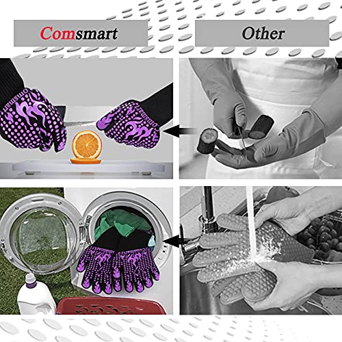 Image of Comsmart BBQ Gloves, 1472 Degree F Heat Resistant Grilling Gloves Silicone Non-Slip Oven Gloves Long Kitchen Gloves for Barbecue, Cooking, Baking(Purple)