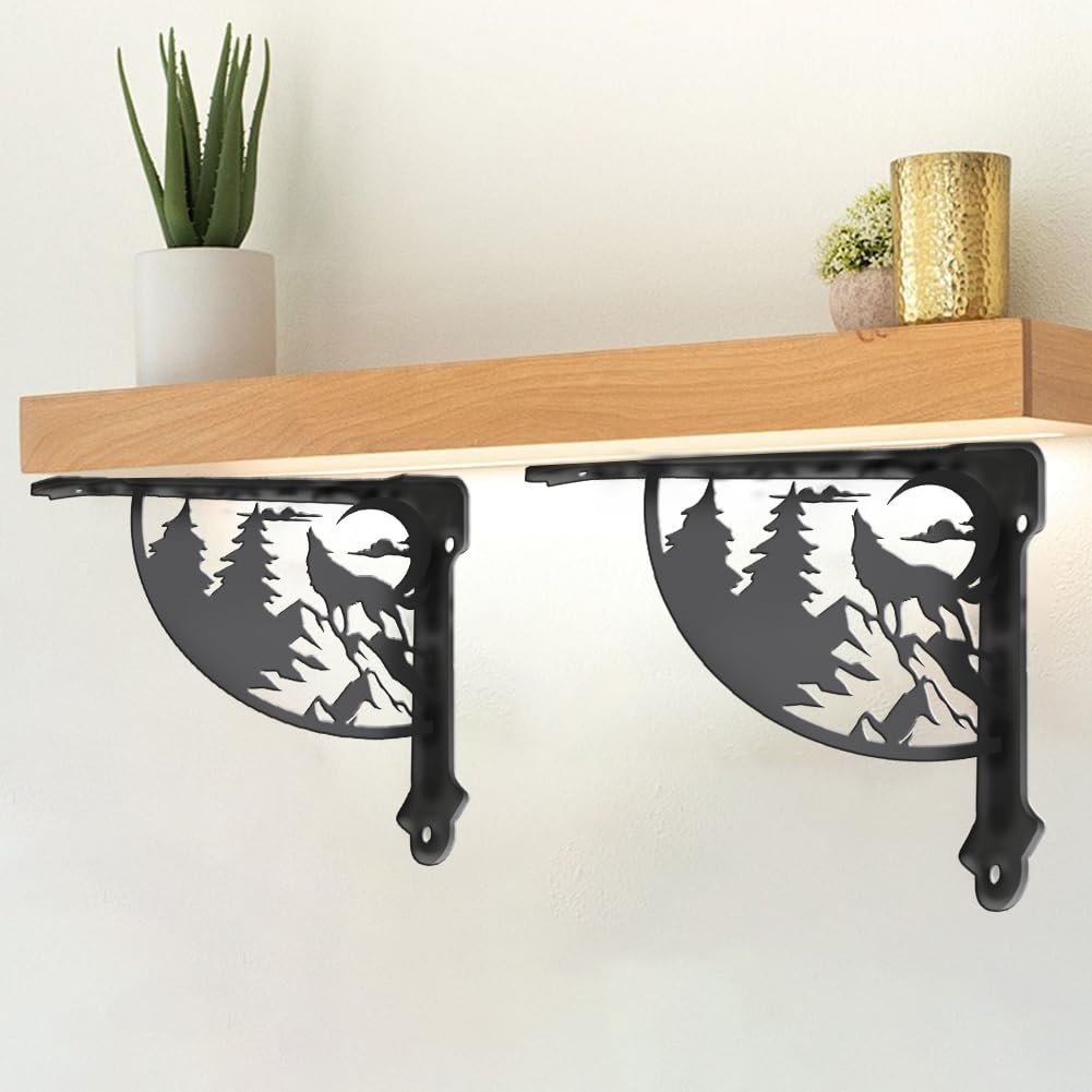 2 Piezas Soportes de Estantería Ornamentales 6.77 x 8.27 x 0.08 Pulgadas Soportes de Estantería de Bosque Negro Lobo Árbol Hierro Montaje En Pared Ornamental de Ángulo Recto Estilo Rústic