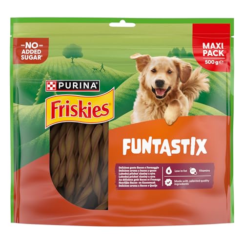 Consigue los snacks Friskies Funtastix para perros con omega 3 y 6 a precio de chollo y sabor a queso y bacon en oferta histórica.