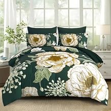 Luxudecor Floral Comforter Set Queen Size 7 Pieces Bed in a Bag,Beige Flower Print on Dark Green Bedding Set,Soft Microfiber Bedding Set for All Season Dark Green,90"x90"