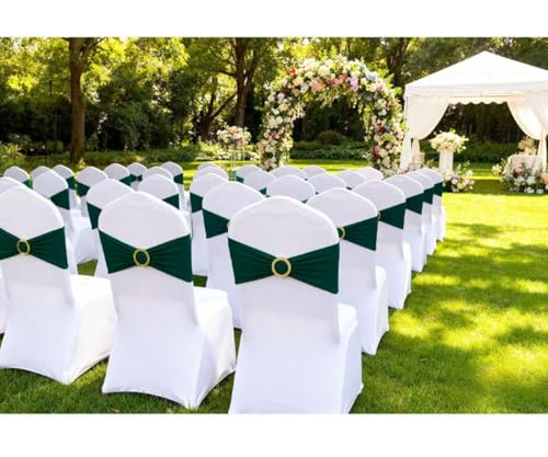 Image of 50 Pack Hunter Green Chair Sashes, Dark Green Spandex Chair Bands with Gold Buckle Slider for Christmas Forest Party Folding Chairs Birthday Decor, Green Chairs Bows Ties