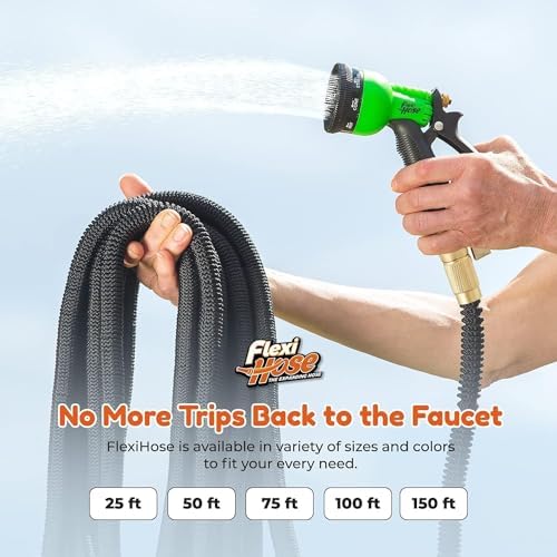 Flexi Hose Expandable Garden Hose with 8 Function Nozzle, 25FT - Lightweight Retractable Garden Hose, Water Hose - No-Kink Flexibility, 3/4 Inch Solid Brass Fittings and Double Latex Core - 4