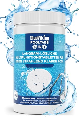 BlueViking Chlortabletten für Pool 5 in 1 - Hochwirksame Multitabs Pool 200g im 1kg Eimer - Chlor Pool...