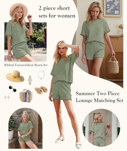 Image of MARZXIN Women 2 Piece Shorts Set 2026 Casual Summer Cruise Outfits Ribbed Loose Short Sleeve Pocket Matching Lounge Sets