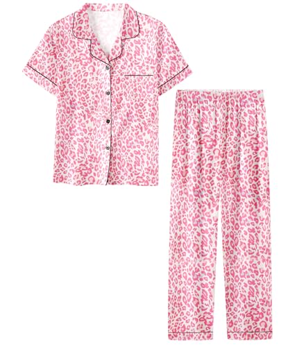 Umeyda Pajamas for Womens, Silk Satin Pjs Set Fashion Sexy Soft Breathable Matching Family Loungewear Bridal Party for Mom and me, Leopard Pink, Large