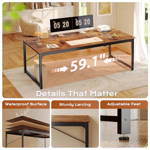 Image of PRAISUN 63 X 29.5 Inch Computer Desk with Deeper Desktop, Gaming Office Writing Work Desk for Home Office, Study, Bedroom, Work from Home, Metal Frame, Rustic Brown