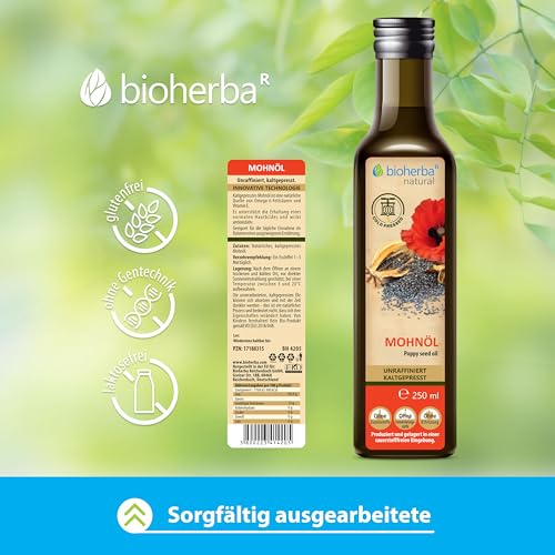 Mohnöl 250 ml – Kaltgepresstes Öl aus Mohnsamen | Natürlich & reich an Vitamin E & Omega-6 | Für Küche, Haut & Haarpflege | Von BIOHERBA