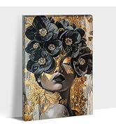 ANRUOXI - African American Wall Art, Black Woman Canvas Print Wall Art, Black Female & Flower Pai...