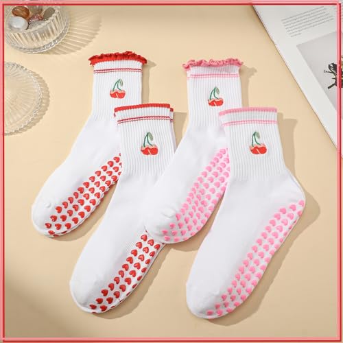 Image of Jspupifip 2 /4 /5 Pairs Cute Pilates Socks for Women Embroidery Non Slip Yoga Socks for Barre Workout Hospital