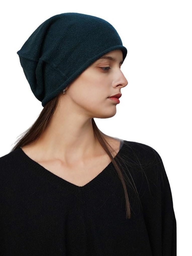 Prettystern Rolled Edge Plain Colour Women Casual 100% Cashmere Wool Skullies Beanie Knit Hat Dark Green