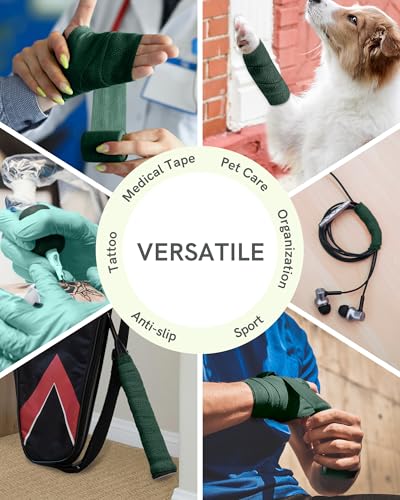 Image of FriCARE Self Adhesive Bandage Wrap, Medical Tape in First Aid Kit | Elastic Cohesive Bandages for Sports /Vet /Wrist Ankle Wounds, 2 Inches X 5 Yards, Latex-free 6 Rolls, Hunter Green