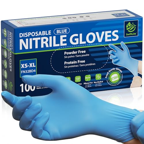 SWIFTLITE Food Safe Disposable Gloves, Blue Nitrile Rubber Gloves, Latex-Free Powder-Free for Food Prep, Cooking, Cleaning (Medium, 100)