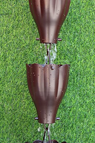 KAM Home XL Scallop Aluminium Cups Bronze Rain Chain (8.5Foot) with Brass Bolt Gutter Adapter for Rain Chain Installa, Standard