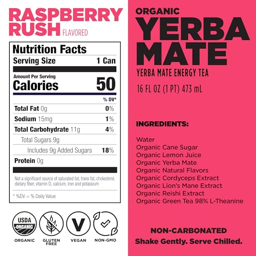 Image of Daytrip Organic Yerba Mate Energy Drink - Raspberry Rush - Clean, Plant Based Caffeine (200mg) with Adaptogenic Lion's Mane and Green Tea L-Theanine for Focus and Brain Fog (12 Pack Case)
