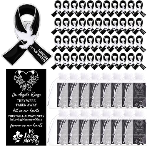 Quelay 100 Sets Black Funeral Ribbon Pins Funeral Favors Ribbon Pins Prayer Cards and Organza Bags Awareness Lapel Forever in Our Hearts Memorial Brooch for Mourning Remembrance Day
