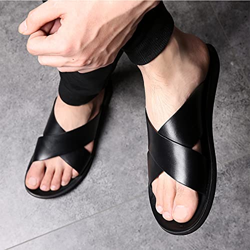 Wygwlg Men's Cross Ankle Strap Sandals, Summer Leather Slippers, Leisure Comfort Flat Sandals,Black-402