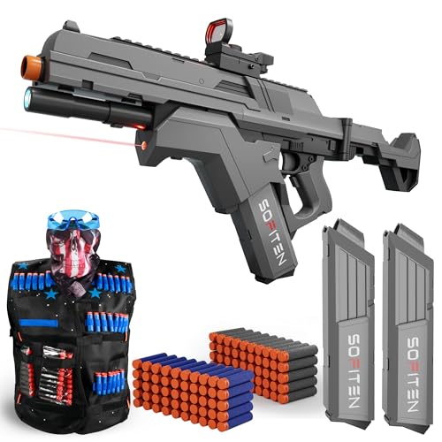 SOFITEN Toy Gun Automatic Sniper Rifle Tactical Vest Toy Foam Blaster with 150 Darts IR and Flashlight Foldable Stock The Shooting Activity Game for Kids Age 8-12 Gifts for Birthday Xmas