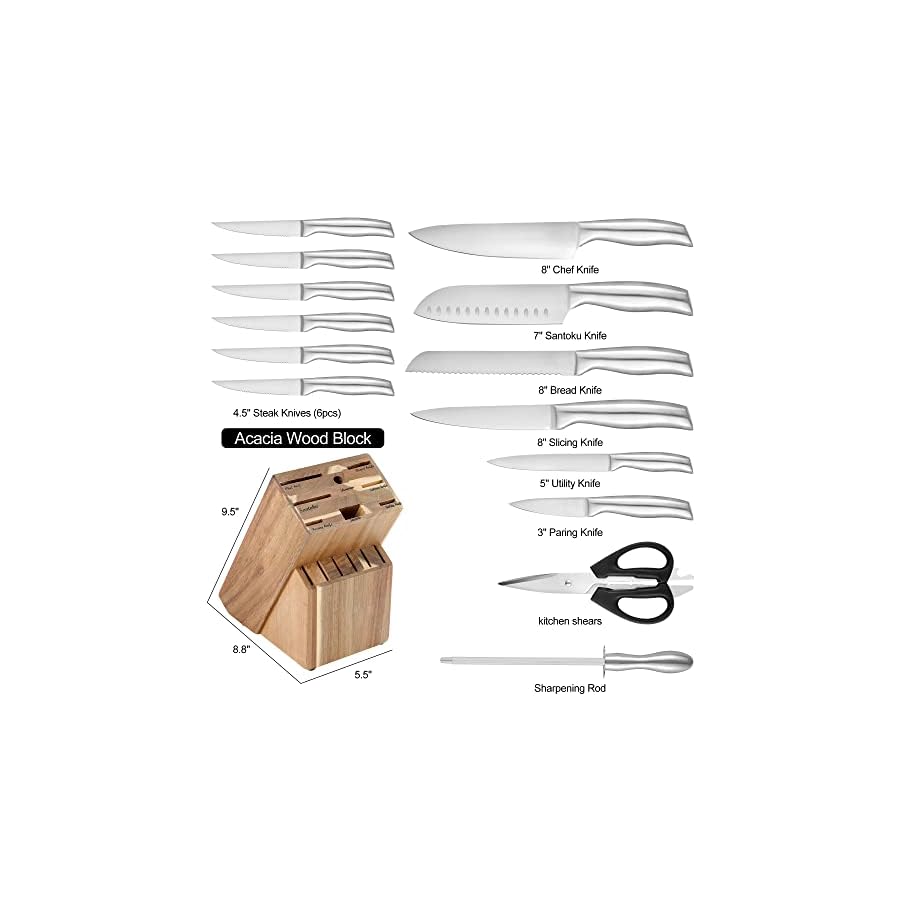 IsheTao-15-Piece-Premium-Kitchen-Knife-Set-With-Wooden-Block-High-Carbon-Stainless-Steel-Knife-Set-One-piece-Dishwasher-Safe-Kitchen-Knives-Set-Self-sharpening-Ergonomic-Handle Knife Sets for Kitchen with Block, 15 Piece Kitchen Knife Set, Ultra Sharp Chef Knife Set for Kitchen, High Carbon Stainless Steel Knife Block Set with Sharpener, Silver