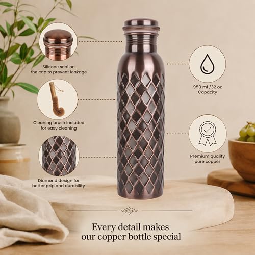 Image of Pure Copper Water Bottle, Copper Drinking Bottle Diamond Cut, 32 oz Antique | 100% Pure Copper, Antique Diamond Cut Finish, Leak-Proof Cap, Ayurvedic use, Includes Cleaning Brush