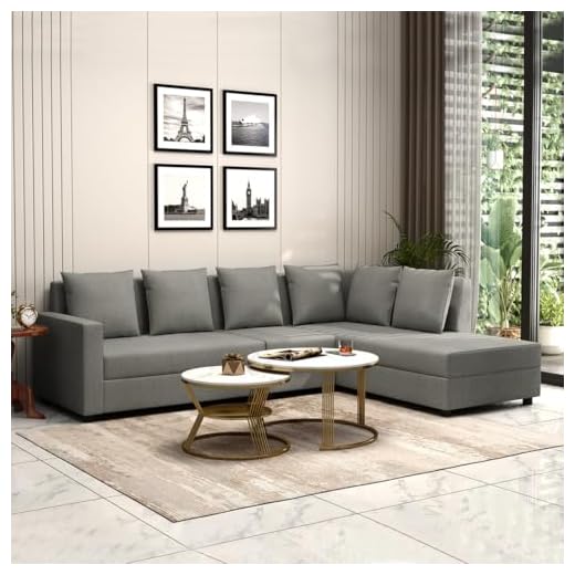 FURNY Gloria 6 Seater Fabric RHS L Shape Sofa Set (Grey)