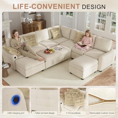 Image of Hanherry 106 inch Sectional Sofa with Pull Out Couch Bed,7 Seat Corduroy Sleeper Sofa with 2 Seat Storage & USB Charging,Storage Ottoman,Comfy Modular Couches for Living Room,Apartment