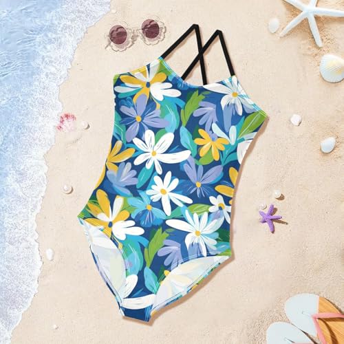 Little Blue Flowers Girls One Piece Swimsuits Quick Dry Beach Swimwear Bathing Suit3