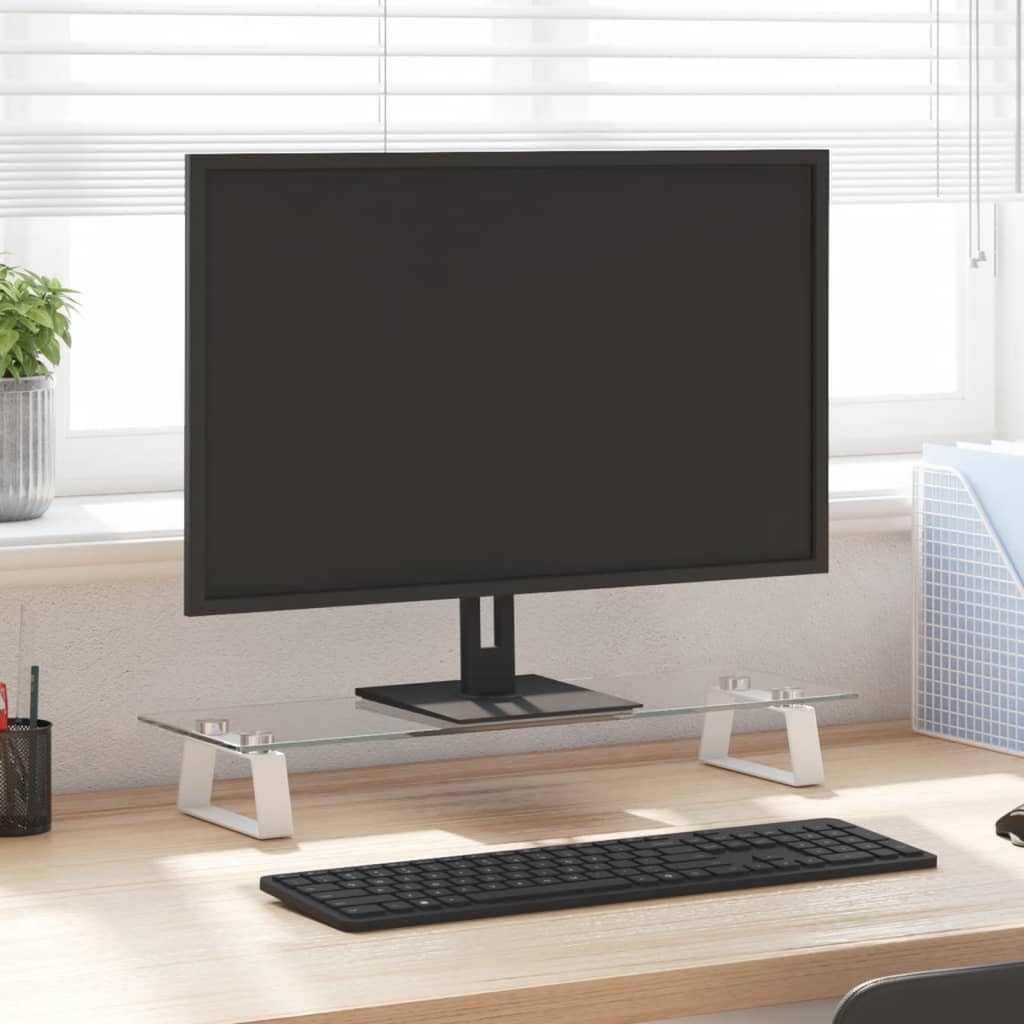 Supporto per monitor bianco, 60 x 20 x 8 cm, in vetro temperato e metallo, rialzo ergonomico per la scrivania, supporto per monitor con vano portaoggetti, spessore vetro 5 mm