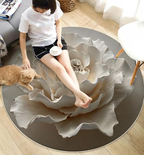 Tapis beige 100 cm rond à poils courts et motif rose 3D - 6