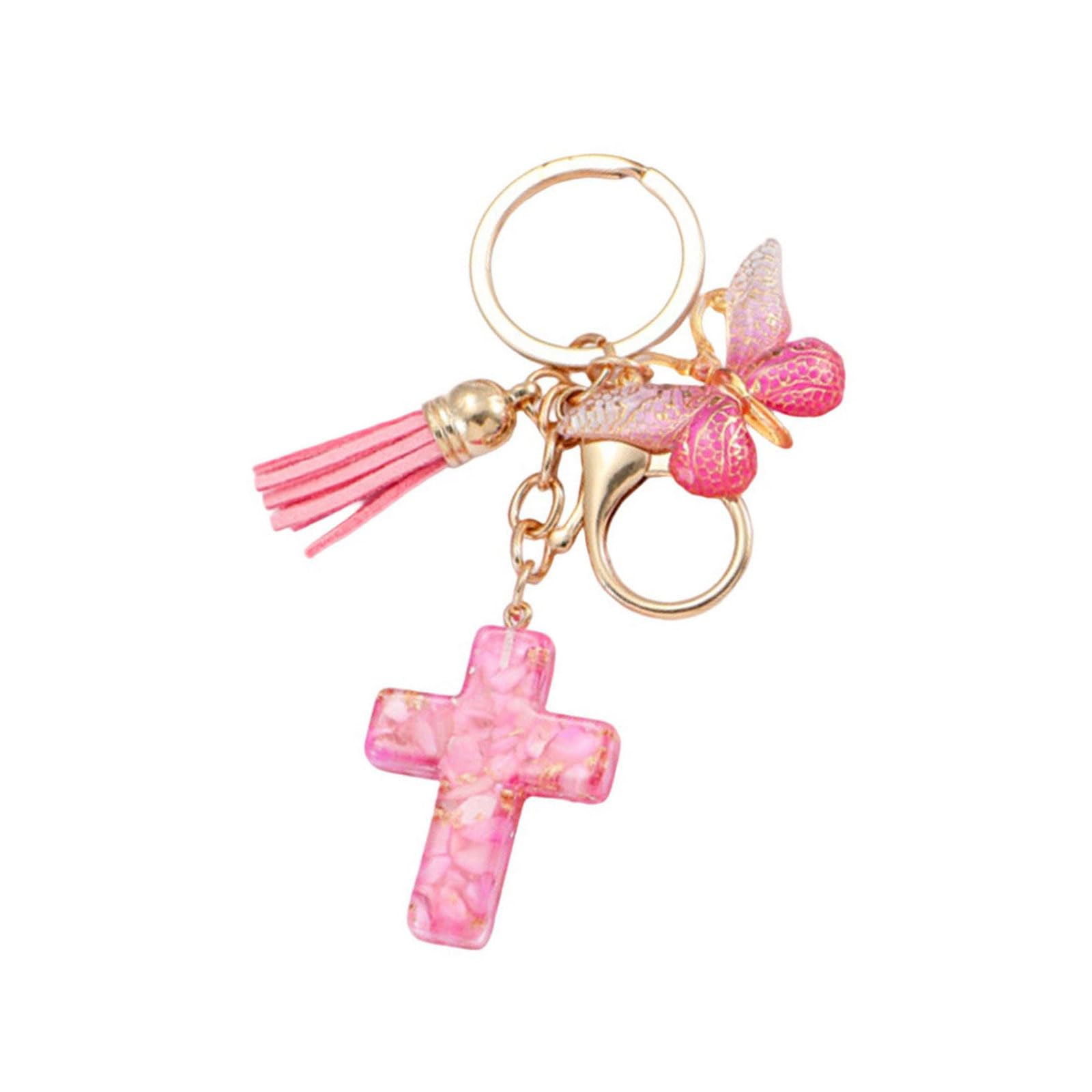 Uqezagpa Resins Crosses and Butterfly Keychain Ornament with Tassels for Backpack Bag Charm and Holder Decoration Resins Crosses Keychain